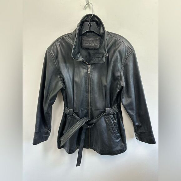 Jacqueline Ferrar 90's Vintage Black Leather Jacket Mid Length Waist Tie Size M - Picture 6 of 11
